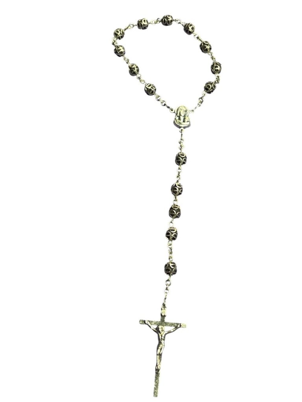 Vintage Pocket Rosary Silvertone Crucifix Black Lava Stone Beads